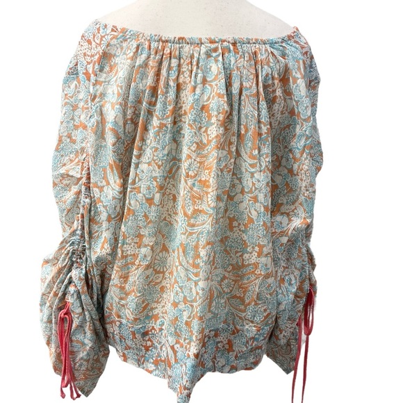 Anthropologie Long Sleeve Peasant Blouse in Blue & Tan Size Small - Picture 4 of 6